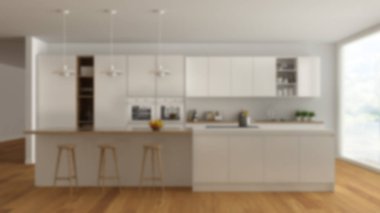 Arka plan iç tasarım, modern minimalist beyaz ve ahşap mutfak ada ve büyük panoramik pencere, parke, kolye lamba, çağdaş mimarisi ile bulanıklık