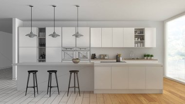 Modern minimalist beyaz ve ahşap mutfak ada ve büyük panoramik pencere, parke, kolye lamba, çağdaş mimari iç tasarım ile tamamlanmamış proje taslağı