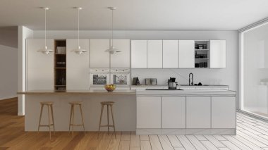 Modern minimalist beyaz ve ahşap mutfak ada ve büyük panoramik pencere, parke, kolye lamba, çağdaş mimari iç tasarım ile tamamlanmamış proje taslağı