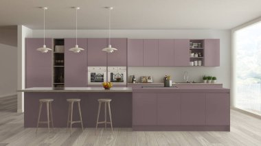 Modern minimalist kırmızı ve ahşap mutfak ada ve büyük panoramik pencere, parke, kolye lamba, çağdaş mimari iç tasarım
