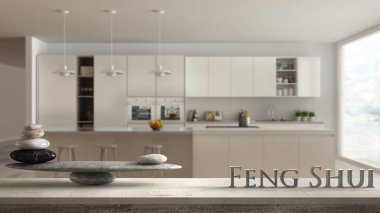 Ahşap antika tablo raf taş dengesi ve 3d harf kelime feng shui modern beyaz minimalist mutfak, zen konsept iç tasarımı yapma ile