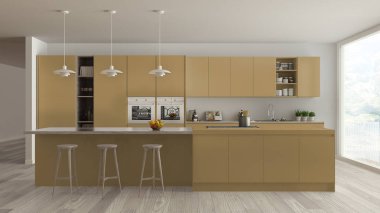 Modern minimalist sarı ve ahşap mutfak ada ve büyük panoramik pencere, parke, kolye lamba, çağdaş mimari iç tasarım
