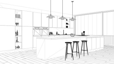 İç mimari proje, siyah ve beyaz mürekkep kroki, minimalist Mutfak Island ve büyük panoramik pencere, parke ve kolye lambalar ile gösterilen mimari planı