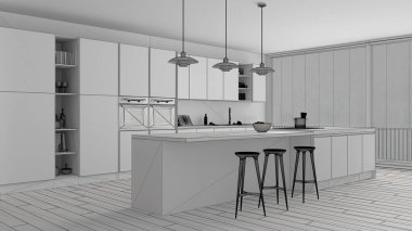 Modern minimalist beyaz ve ahşap mutfak ada ve büyük panoramik pencere, parke, kolye lamba, çağdaş mimari iç tasarım ile tamamlanmamış proje taslağı