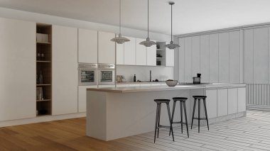 Modern minimalist beyaz ve ahşap mutfak ada ve büyük panoramik pencere, parke, kolye lamba, çağdaş mimari iç tasarım ile tamamlanmamış proje taslağı