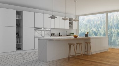 Modern minimalist beyaz ve ahşap mutfak ada ve büyük panoramik pencere, parke, kolye lamba, çağdaş mimari iç tasarım ile tamamlanmamış proje taslağı