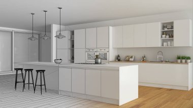 Modern minimalist beyaz ve ahşap mutfak ada ve büyük panoramik pencere, parke, kolye lamba, çağdaş mimari iç tasarım ile tamamlanmamış proje taslağı