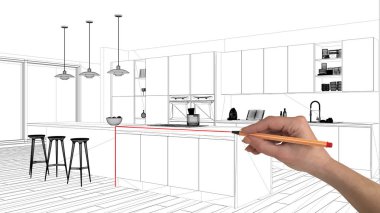 İç Tasarım Proje konsepti, el özel mimarisi, siyah ve beyaz mürekkep kroki, plan gösteren minimalist mutfak ada ve kolye lambalı çizimi