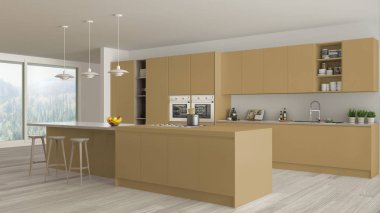 Modern minimalist sarı ve ahşap mutfak ada ve büyük panoramik pencere, parke, kolye lamba, çağdaş mimari iç tasarım