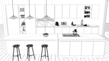 İç mimari proje, siyah ve beyaz mürekkep kroki, minimalist mutfak ada ve büyük panoramik pencere, parke ve kolye lamba, üstten görünüm ile gösterilen mimari planı