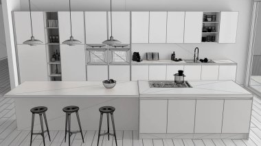 Modern minimalist beyaz ve ahşap mutfak ada ve büyük panoramik pencere, parke, kolye lamba, çağdaş iç tasarım, üstten görünüm ile tamamlanmamış proje taslağı