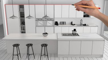İç Tasarım Proje konsepti, el özel mimarisi, siyah ve beyaz mürekkep kroki, plan gösteren minimalist mutfak ada ve kolye lambalı, üstten görünüm çizimi