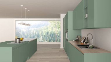 Modern minimalist yeşil ve ahşap mutfak ada ve büyük panoramik pencere, parke, kolye lamba, çağdaş mimari iç tasarım