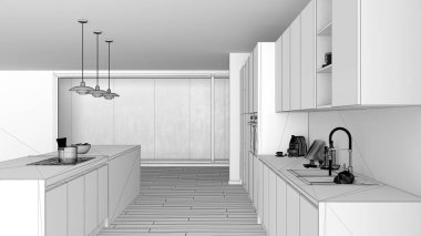 Modern minimalist beyaz ve ahşap mutfak ada ve büyük panoramik pencere, parke, kolye lamba, çağdaş mimari iç tasarım ile tamamlanmamış proje taslağı