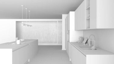 Modern minimalist mutfak ada ve büyük panoramik pencere, parke, kolye lamba, çağdaş mimari iç tasarım ile toplam beyaz proje