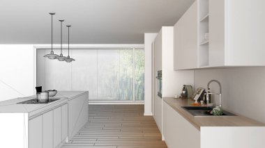 Modern minimalist beyaz ve ahşap mutfak ada ve büyük panoramik pencere, parke, kolye lamba, çağdaş mimari iç tasarım ile tamamlanmamış proje taslağı