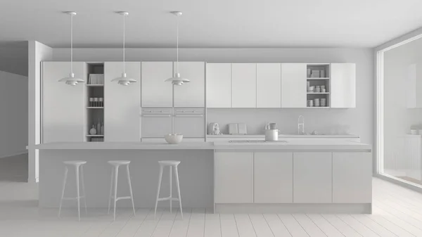 Progetto Total White Cucina Minimalista Moderna Con Isola Grande Finestra — Foto Stock