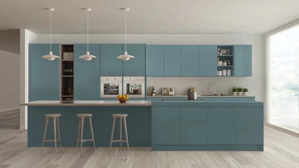 Moderna Cucina Minimalista Blu Legno Con Isola Grande Finestra Panoramica — Foto Stock