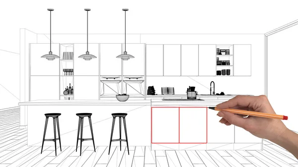 インテリア デザイン プロジェクトのコンセプト 手描きのカスタム アーキテクチャ 黒と白インク スケッチ 青写真を示すミニマル キッチン島とペンダント ランプ — ストック写真