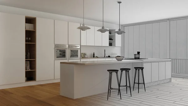 Progetto Incompiuto Bozza Moderna Cucina Minimalista Legno Bianco Con Isola — Foto Stock