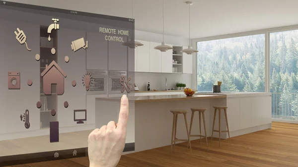 スマート ホーム コントロールの概念 モバイル アプリ バック グラウンド表示シンプルな白と木製キッチン 建築インテリア デザインからデジタル インターフェイスを制御する手 — ストック写真