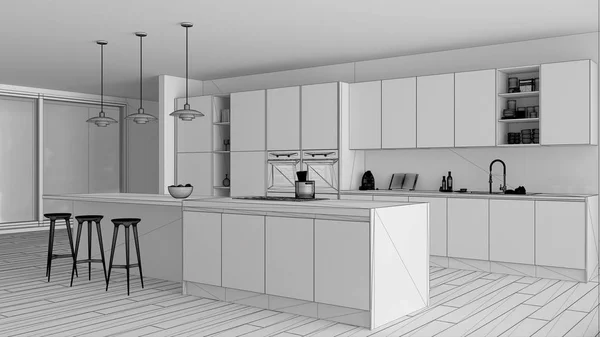 Unfinished project draft of modern minimalist white and wooden kitchen with island and big panoramic window, parquet, pendant lamps, contemporary architecture interior design