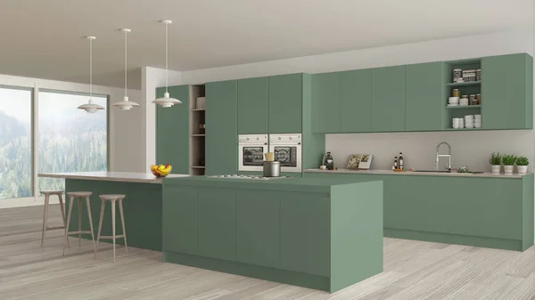 Moderna Cocina Minimalista Verde Madera Con Isla Gran Ventana Panorámica — Foto de Stock