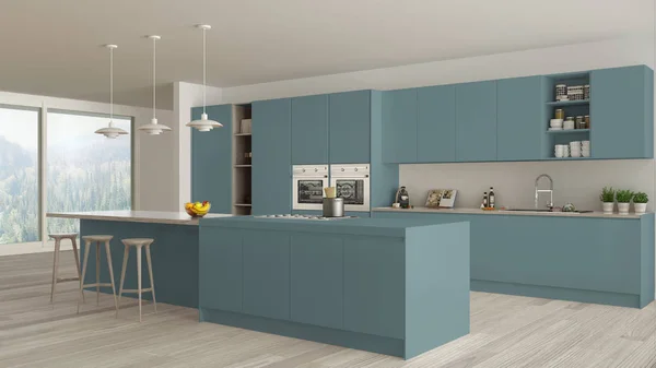 Moderna Cocina Minimalista Azul Madera Con Isla Gran Ventana Panorámica — Foto de Stock