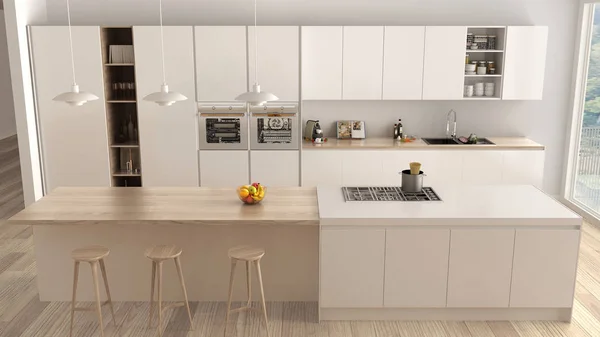 Moderne Minimalistische Witte Houten Keuken Met Eiland Groot Panoramisch Raam — Stockfoto