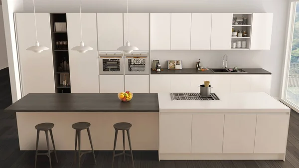 Modern minimalis putih dan kayu dapur dengan pulau dan besar jendela panorama, parket, liontin lampu, arsitektur kontemporer desain interior, top view — Stok Foto