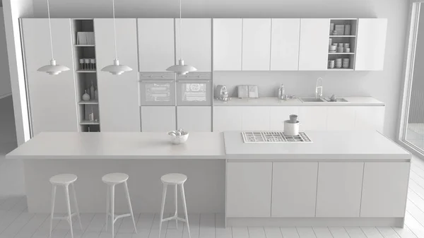 Projeto branco total de cozinha minimalista moderna com ilha e grande janela panorâmica, parquet, lâmpadas pendentes, arquitetura contemporânea design de interiores, vista superior — Fotografia de Stock