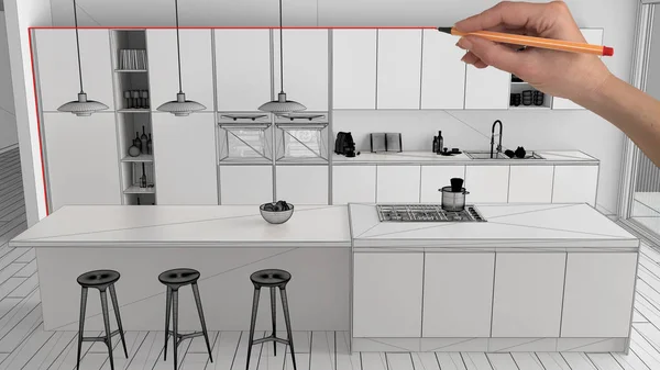 İç Tasarım Proje konsepti, el özel mimarisi, siyah ve beyaz mürekkep kroki, plan gösteren minimalist mutfak ada ve kolye lambalı, üstten görünüm çizimi