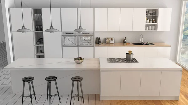 Unvollendeter Projektentwurf Einer Modernen Minimalistischen Weißen Holzküche Mit Insel Und — Stockfoto