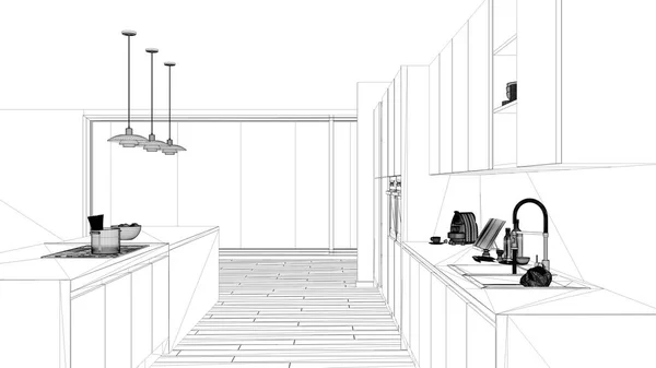 Projet Design Intérieur Croquis Encre Noire Blanche Plan Architecture Montrant — Photo