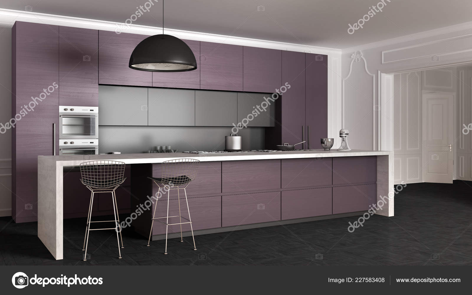 Dark Violet Wooden Modern Minimal Kitchen Island Appliances