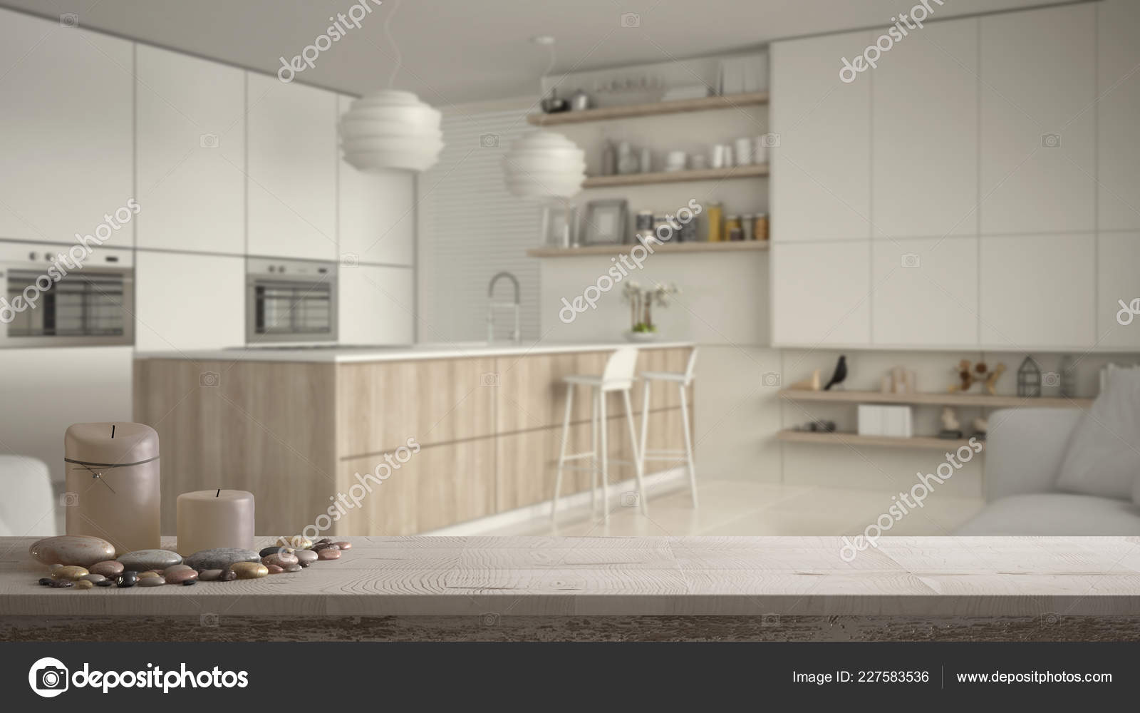 Wooden Vintage Table Top Shelf Candles Pebbles Zen Mood Blurred — Stock