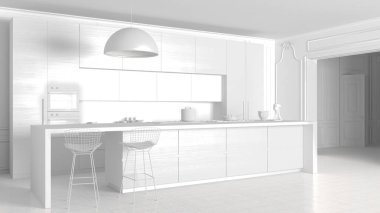 Çift Kişilik, dolapları ve tabureler, büyük kolye lamba ve vintage parke zemin, vintage mimari iç tasarım ile ada modern mutfak toplam beyaz proje taslağı