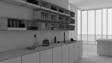 Tamamlanmamış proje taslak, minimalist beyaz mutfak dolaplar ve raflar, açık alan panoramik pencereli, çağdaş iç tasarım mimarlık