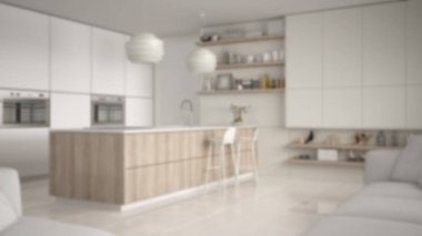 Görüntü arka plan iç tasarım, modern mutfak rafları ve dolapları, dışkı ile ada. Çağdaş salon, minimalist mimarisi
