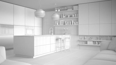 Modern raflar ve mutfak dolapları, dışkı ile ada toplam beyaz projesi. Çağdaş salon, minimalist mimari iç tasarım