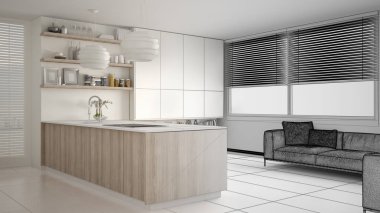 Raflar ve dolapları, kanepe ve panoramik pencere ile modern mutfak tamamlanmamış proje taslağı. Çağdaş salon, minimalist mimari iç tasarım
