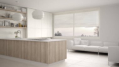 Görüntü arka plan iç tasarım, modern mutfak rafları ve dolapları, kanepe ve panoramik pencere. Çağdaş salon, minimalist mimarisi