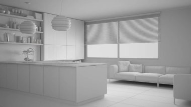 Modern mutfak rafları ve dolapları, kanepe ve panoramik pencere ile toplam beyaz projesi. Çağdaş salon, minimalist mimari iç tasarım