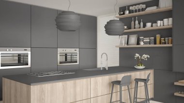 Modern gri ve ahşap raflar ve mutfak dolapları, dışkı ile ada. Çağdaş salon, minimalist mimari iç tasarım