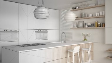 Modern raflar ve mutfak dolapları, dışkı ile ada tamamlanmamış proje taslağı. Çağdaş salon, minimalist mimari iç tasarım