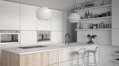 Modern raflar ve mutfak dolapları, dışkı ile ada tamamlanmamış proje taslağı. Çağdaş salon, minimalist mimari iç tasarım