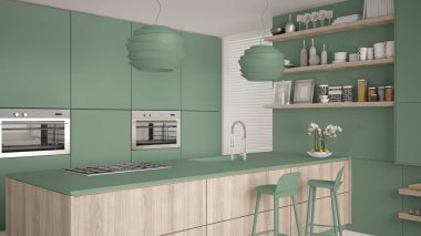 Modern yeşil ve ahşap raflar ve mutfak dolapları, dışkı ile ada. Çağdaş salon, minimalist mimari iç tasarım