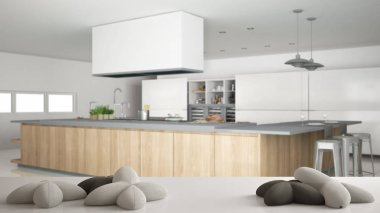 Beyaz masa, masa ya da beş yıldız veya bulanık profesyonel mutfak aksesuarları, en az mimari iç tasarım konsepti ile üzerinden çiçek şeklinde yumuşak beyaz yastıklar ile raf