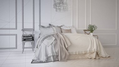 Tamamlanmamış proje taslak vintage klasik yatak yumuşak yatak yastık ve battaniye, beyaz kalıp duvar, tahta yan koltukları, zarif iç tasarıma tam