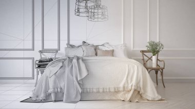 Tamamlanmamış proje taslak vintage klasik yatak yumuşak yatak yastık ve battaniye, beyaz kalıp duvar, tahta yan koltukları, zarif iç tasarıma tam